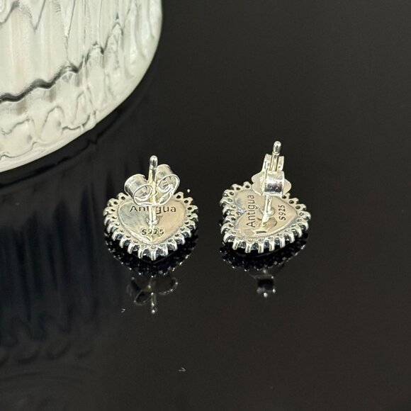 Antigua Flag Earrings Heart bling S925 Sterling Silver Handmade Ear Stud - Picture 5 of 5